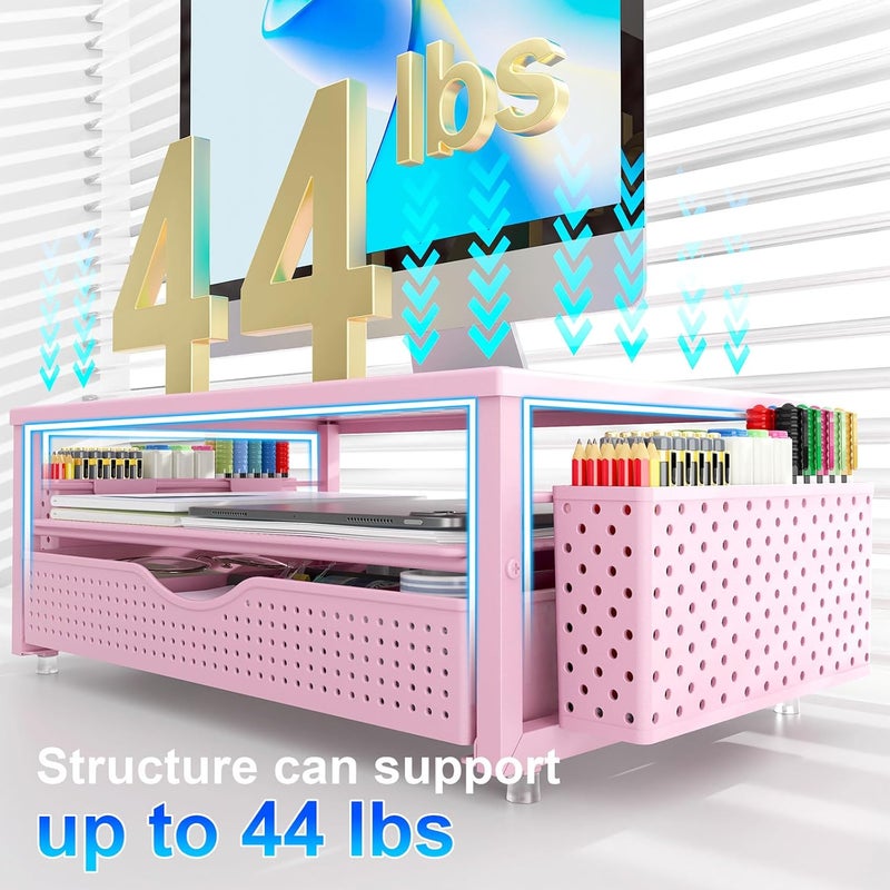 gianotter Desk Organizers and Accessories, Monitor Stand with Drawer and 2 Pen Holder, Desktop Organizer Suitable for Offices and Dormitories (Pink) - Image 3